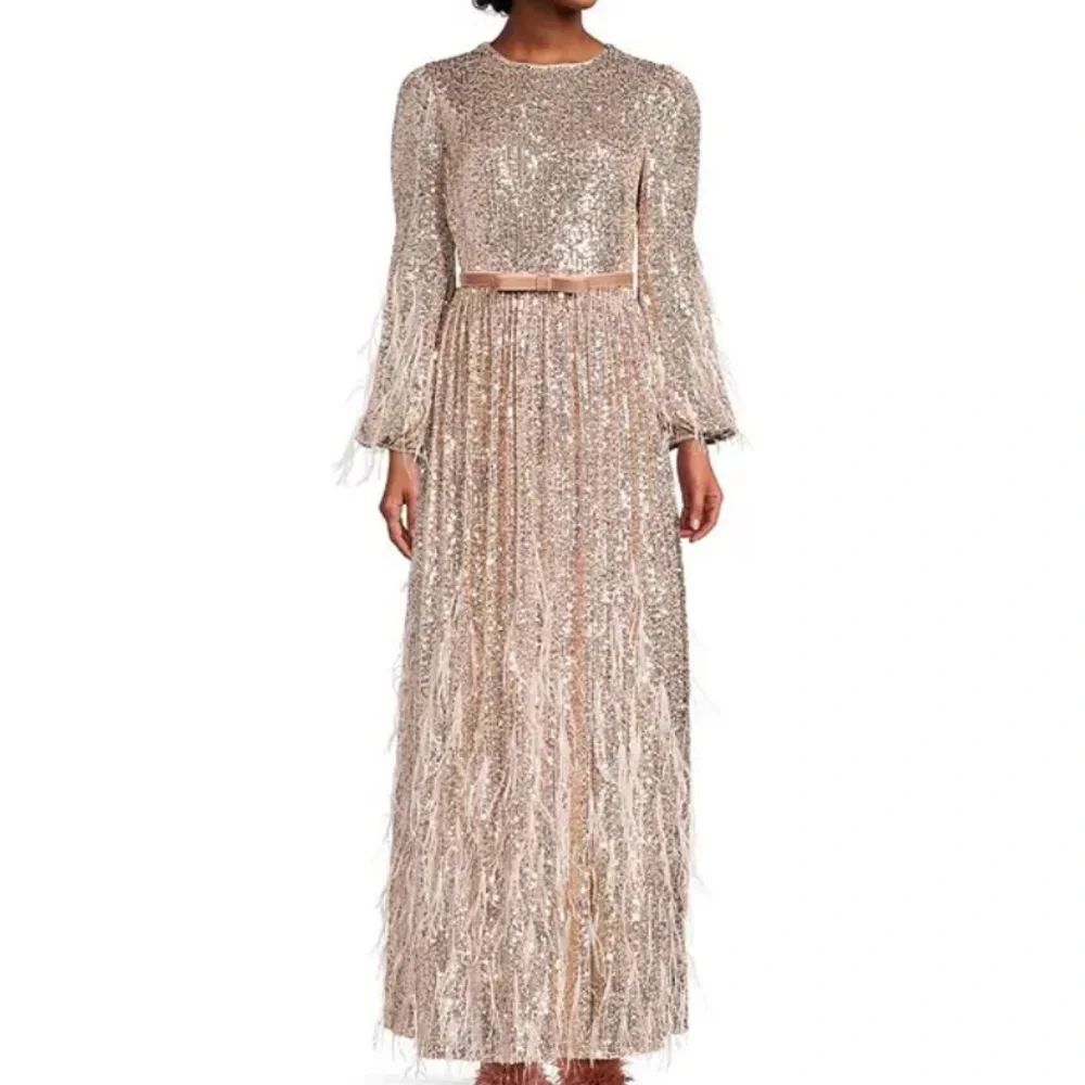 NWOT Antonio Melani x Nicola Bathie Sequin Crew Neck Long Sleeve Feather Dress - Picture 1 of 11
